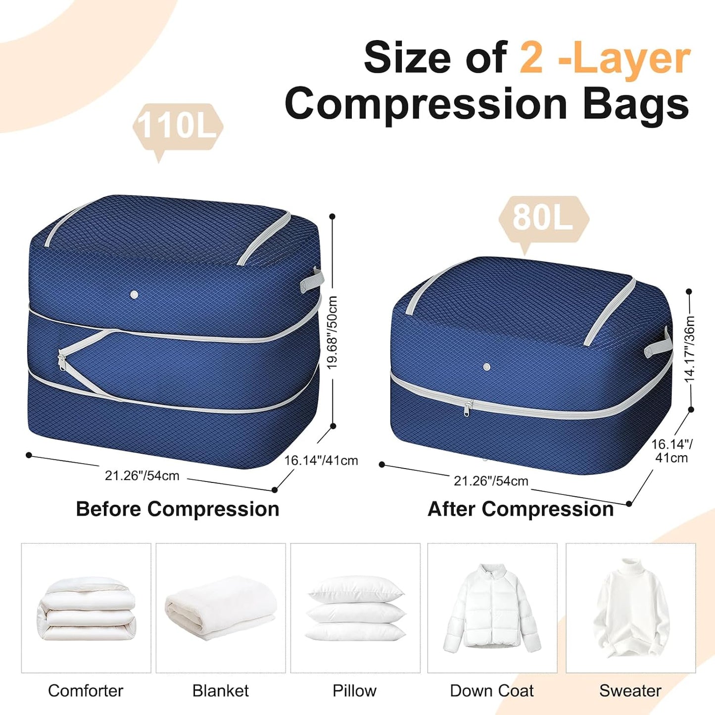 Comforter Storage Bag - Large Capacity Blanket Storage Bags 3-Layer Ultra Space Saving Self Compression Organizer, Washable Compression Bags for Storage Comforter Blanket, 2-Pack, Beige