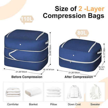 Comforter Storage Bag - Large Capacity Blanket Storage Bags 3-Layer Ultra Space Saving Self Compression Organizer, Washable Compression Bags for Storage Comforter Blanket, 2-Pack, Beige