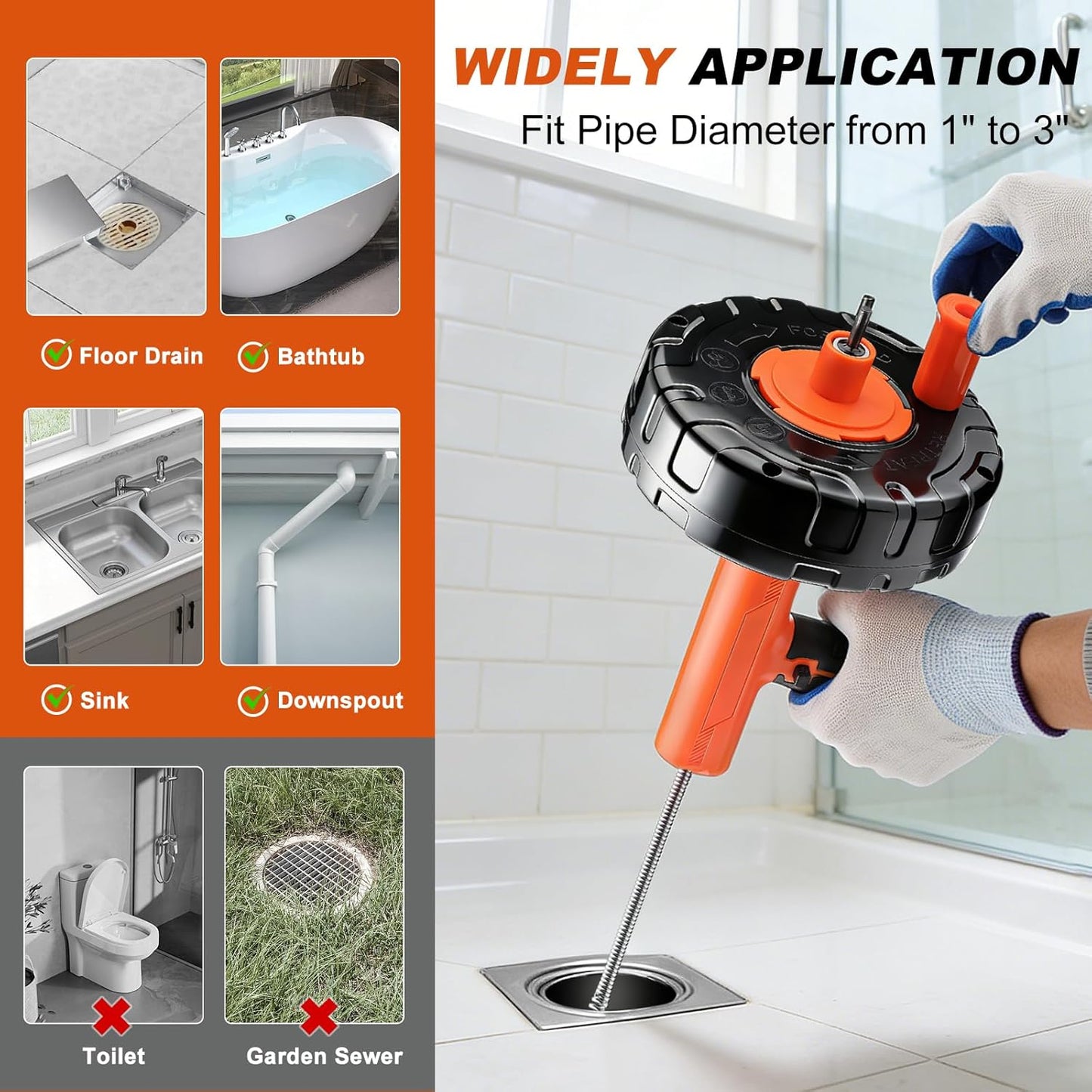 Auto-Feed Drain Snake Auger 25 ft with Drill Adapter, Plumbing Snake Drain Hair Removal Tool, Drain Auger Snake Hair Drain Clog Remover for Shower Kitchen Bathroom Sink, Come with Gloves