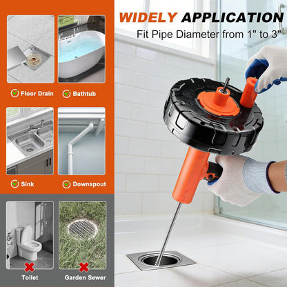Auto-Feed Drain Snake Auger 25 ft with Drill Adapter, Plumbing Snake Drain Hair Removal Tool, Drain Auger Snake Hair Drain Clog Remover for Shower Kitchen Bathroom Sink, Come with Gloves