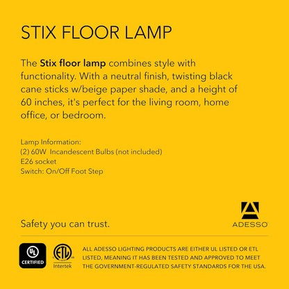 Adesso Stix Floor Lantern – Twisted Square Black and Beige Base, Transitional Two Light Floor Lamp for Bedroom, Home Office Lighting, or Living Room Décor, 50” x 9.5”