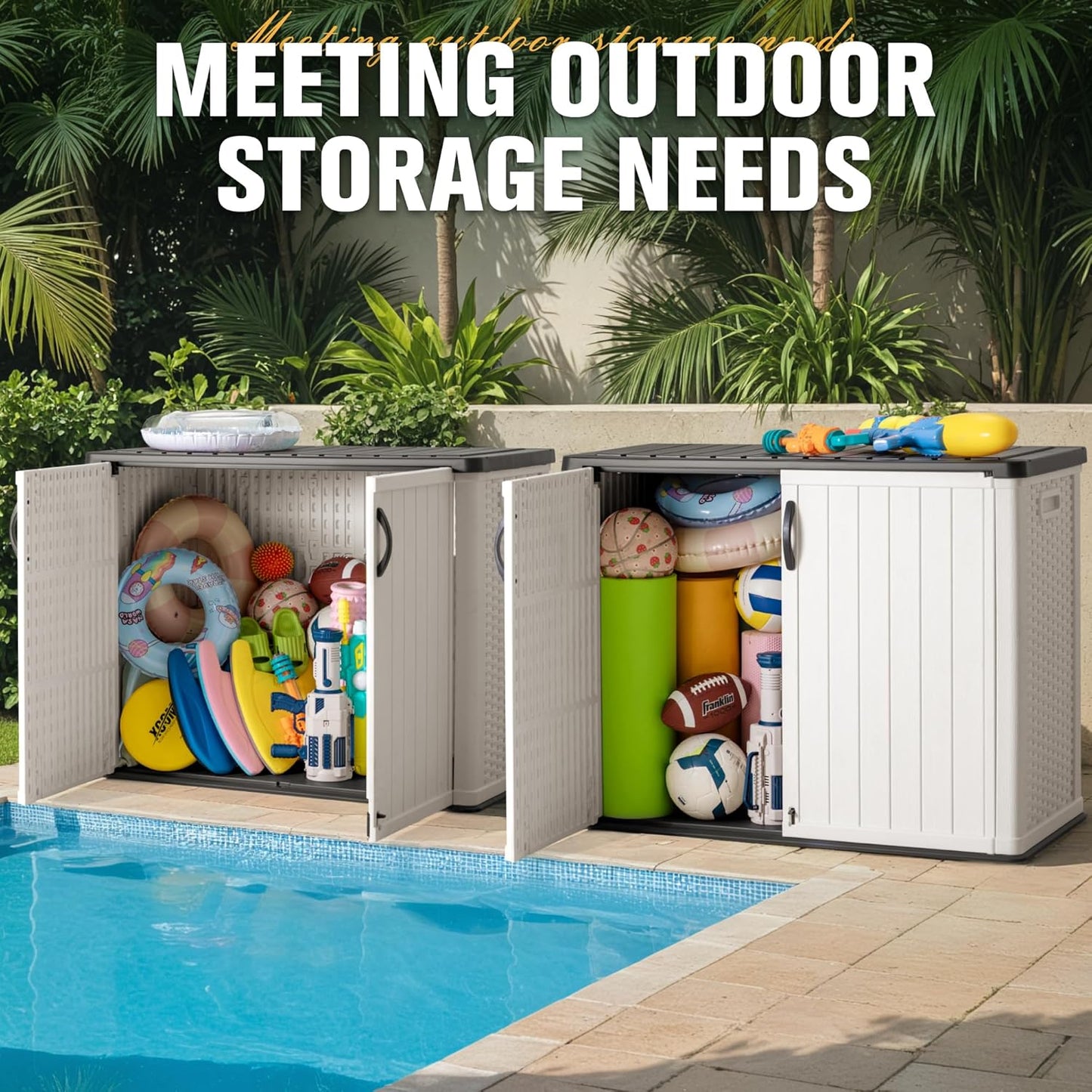 Greesum Outdoor Storage Cabinet, 26 CUFT Deck Box Without Shelves, Waterproof Plastic Storage Shed for Patio Cushions, Gardening Tools, Lockable and Sidehandles, UV Resistant, Beige