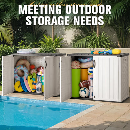 Greesum Outdoor Storage Cabinet, 26 CUFT Deck Box Without Shelves, Waterproof Plastic Storage Shed for Patio Cushions, Gardening Tools, Lockable and Sidehandles, UV Resistant, Beige