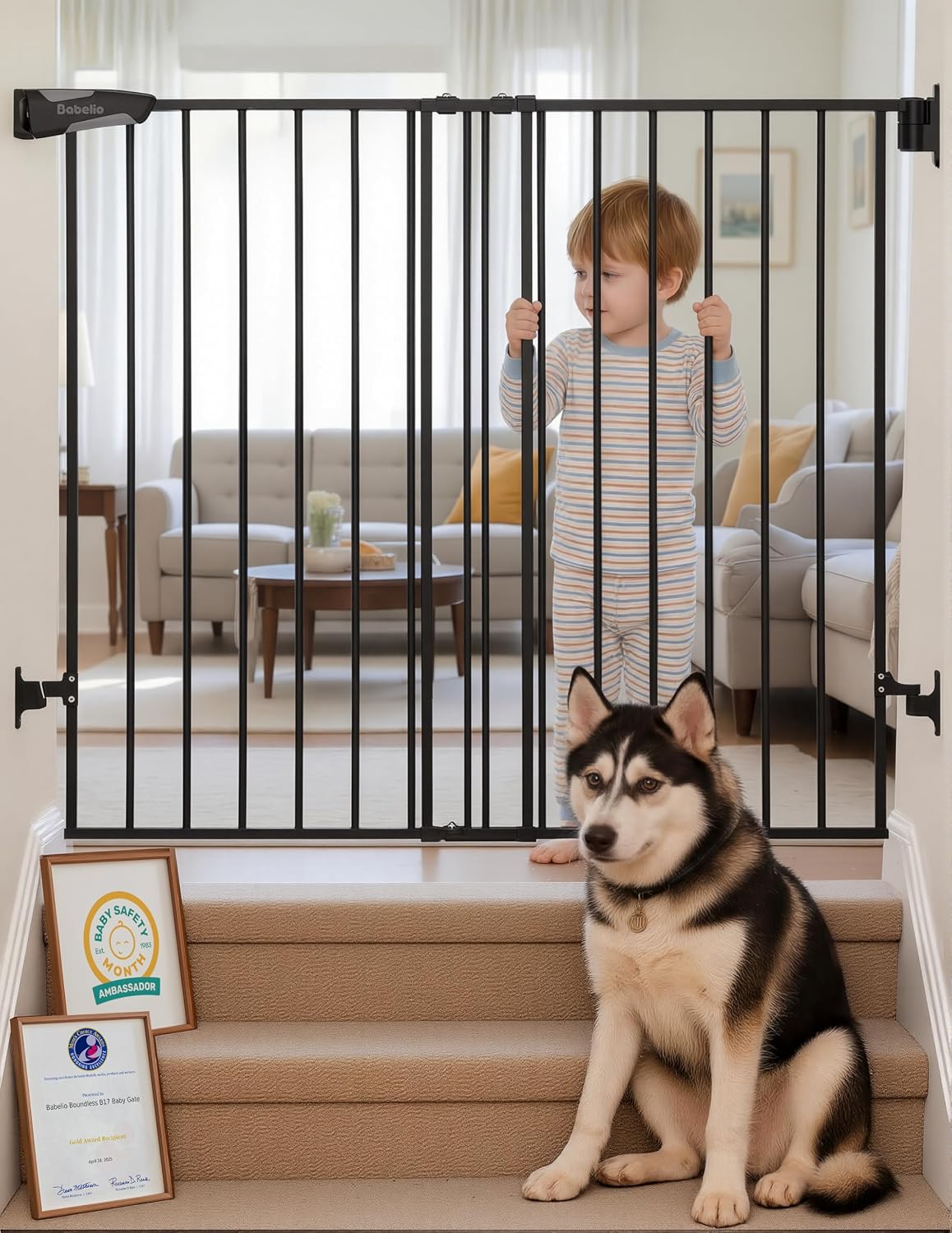 Babelio Baby Gate for Stairs, Kitchen & Doorways, No Bottom Bar| One-Handed Operation| Auto-Close| Hardware Mount (Drill Needed) Safety Dog/Pet Gate (Black - B17, 26-43" W, 28" H)