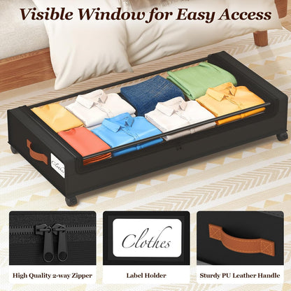 Yecaye Under Bed Storage with Wheels, 2 Pack Under Bed Storage Containers, 60L Underbed Shoe Storage with Clear Window & Label, Rolling Under Bed Metal Drawer for Clothes, Shoes, Books, Blankets