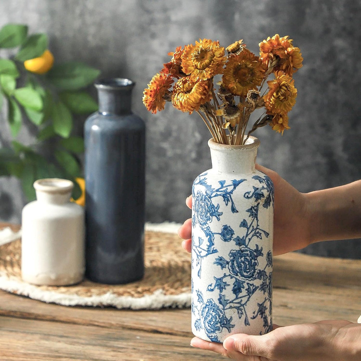 Ceramic Vase Set of 3, Neutral Flower Vases Home Decor, Pottery Rustic Farmhouse Decorative Vases Modern Decor for Table Mantel Entryway Bookshelf Living Room Kitchen Bedroom - Brown