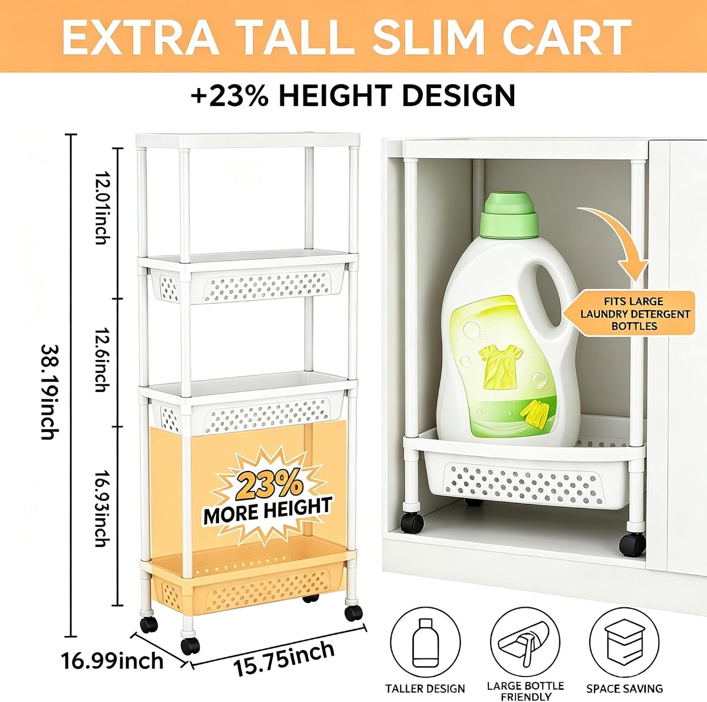 Slim 4 Tier Rolling Storage Cart Narrow Bathroom Organizer on Wheels Blue | 6.7" wide for tight bathroom/kitchen gaps, extra-tall tier, 360° casters, quick-dry shelves, tool-free storage rack