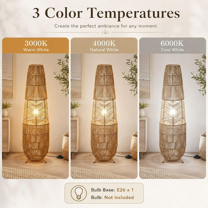 MIXL-Farmhouse Style Bamboo Floor Lamp,Large Wicker Indoor Floor Light,Boho Standing Light Plug in,Modern Minimalist Standing Lamp for Living Room Bedroom
