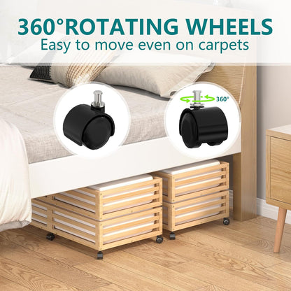 Wisuce 2 Packs Bamboo Under Bed Storage Organizer with Wheels White Small | 360° Lockable Wheels,120lbs Load Capacity, Multi-scene ,Dustproof Clear Storage Bag, Large Capacity,Easy Quick Assembly