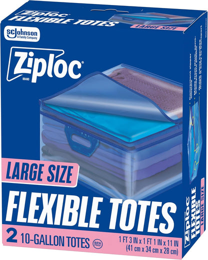 Ziploc Flexible Totes, X-Large Size, 22 Gallon, 2 Count Organizing Tote with Zipper and Built‑In Handles, Flexible & Stackable Clothing and Home Storage Bag