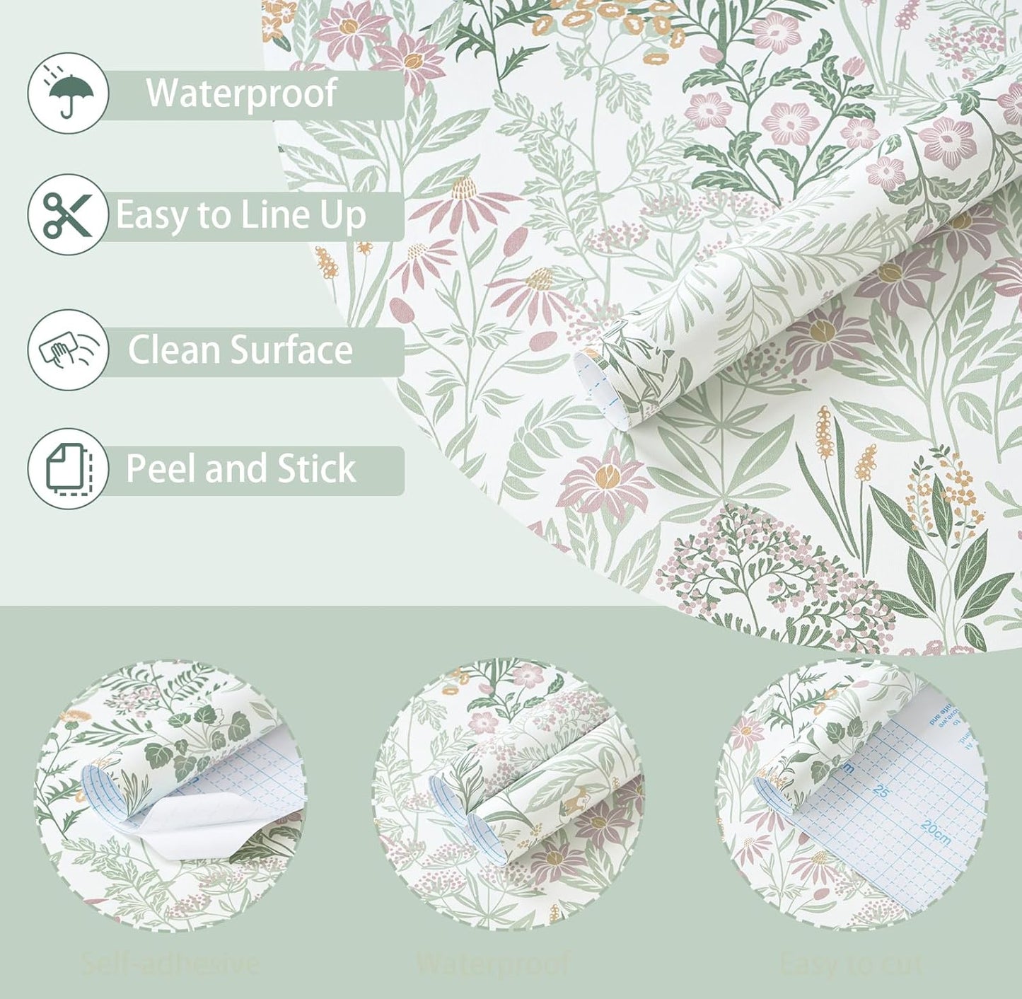 Safiyya Peel and Stick Wallpaper Floral Green and White Leaf Contact Paper for Cabinets 17.3"x 78.7" Self Adhesive Removable Wallpaper for Bathroom Renter Friendly Wall Paper Vinyl Roll