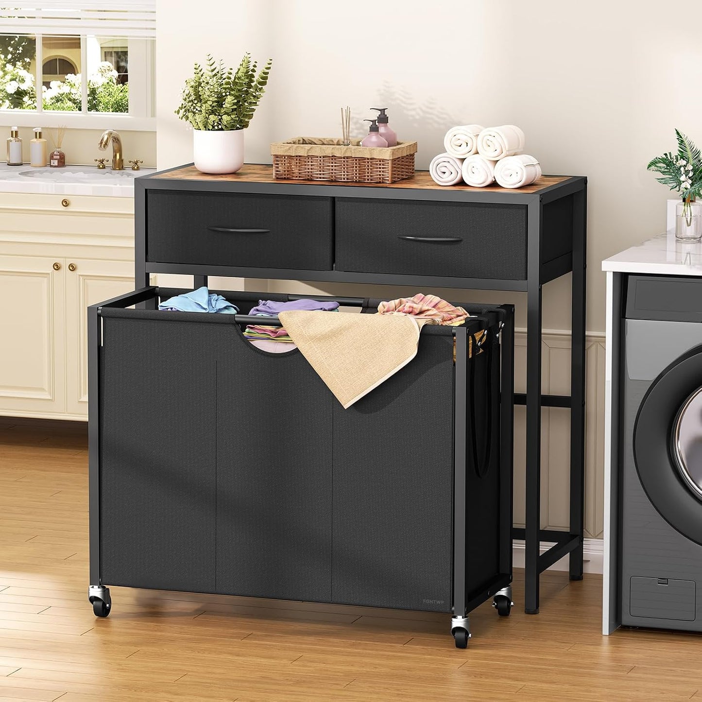 Laundry Sorter 3 Section, 120 L Laundry Hamper with 2 Drawers & 2-tone Top Panel, Rolling Laundry Basket Organizer with Pull-Out Removable Oxford Fabric Bags for Laundry Room Organization UNZYL006BVV3