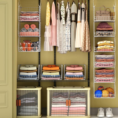 X-cosrack 6 Tier Closet Hanging Organizer, Clothes Hanging Shelves with 4 Hanging Hooks 5 S Hooks, Wire Storage Basket Bins, for Clothing Sweaters Shoes Handbags Clutches Accessories Patent