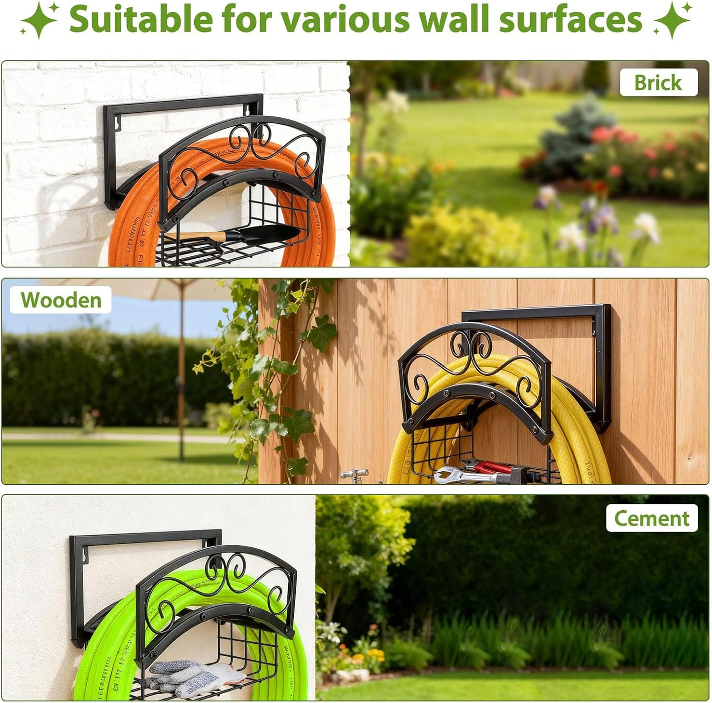 BOLITE Garden Hose Holder Wall Mount, Heavy Duty Metal Water Hose Holder with Basket for Outside, Hose Storage Holds 150FT Water Pipe for Yard, Lawn, Garden, Farm, Gifts for Women Men