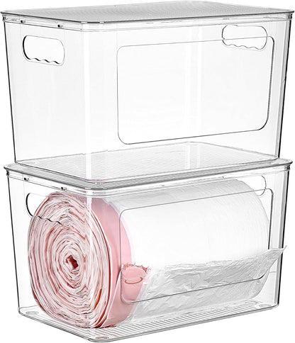 Vtopmart 2 Pack Trash Bag Holder, Stackable Garbage Bag Dispenser for 13/30/33 Gallon Bags, Clear Organizer Bins for Under Kitchen Sink, Laundry Room Organization and Storage
