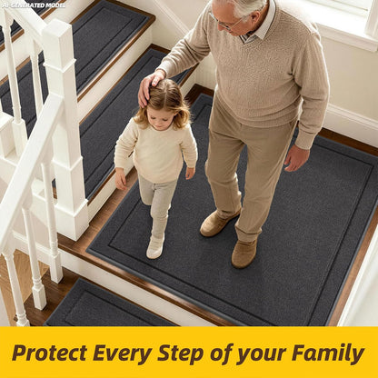JSEI Stair Treads for Wooden Steps Indoor, 15-Pack Non Slip Stair Treads 30" x 8", Washable Polyester Stair Mats with TPE Backing, Low Profile Stair Rugs for Kids, Seniors and Dogs, Brown