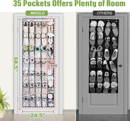 MISSLO 35 Clear Large Pockets Over The Door Shoe Organizer Sturdy Oxford Fabric Hanging Shoe Rack Closet Shoe Holder Hanger, White