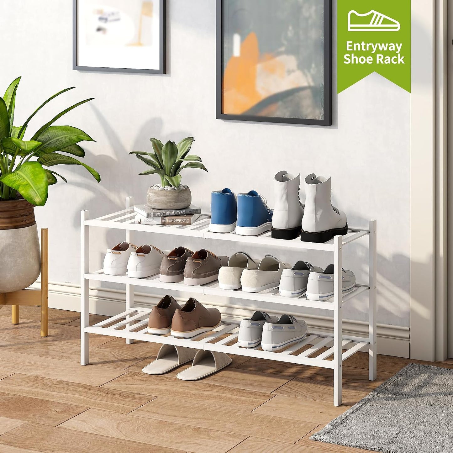 BMOSU 2-Tier Bamboo Small Shoe Rack Premium Stackable Shoe Shelf Storage Organizer for Hallway Closet Living Room Entryway Organizer (Black Bamboo)