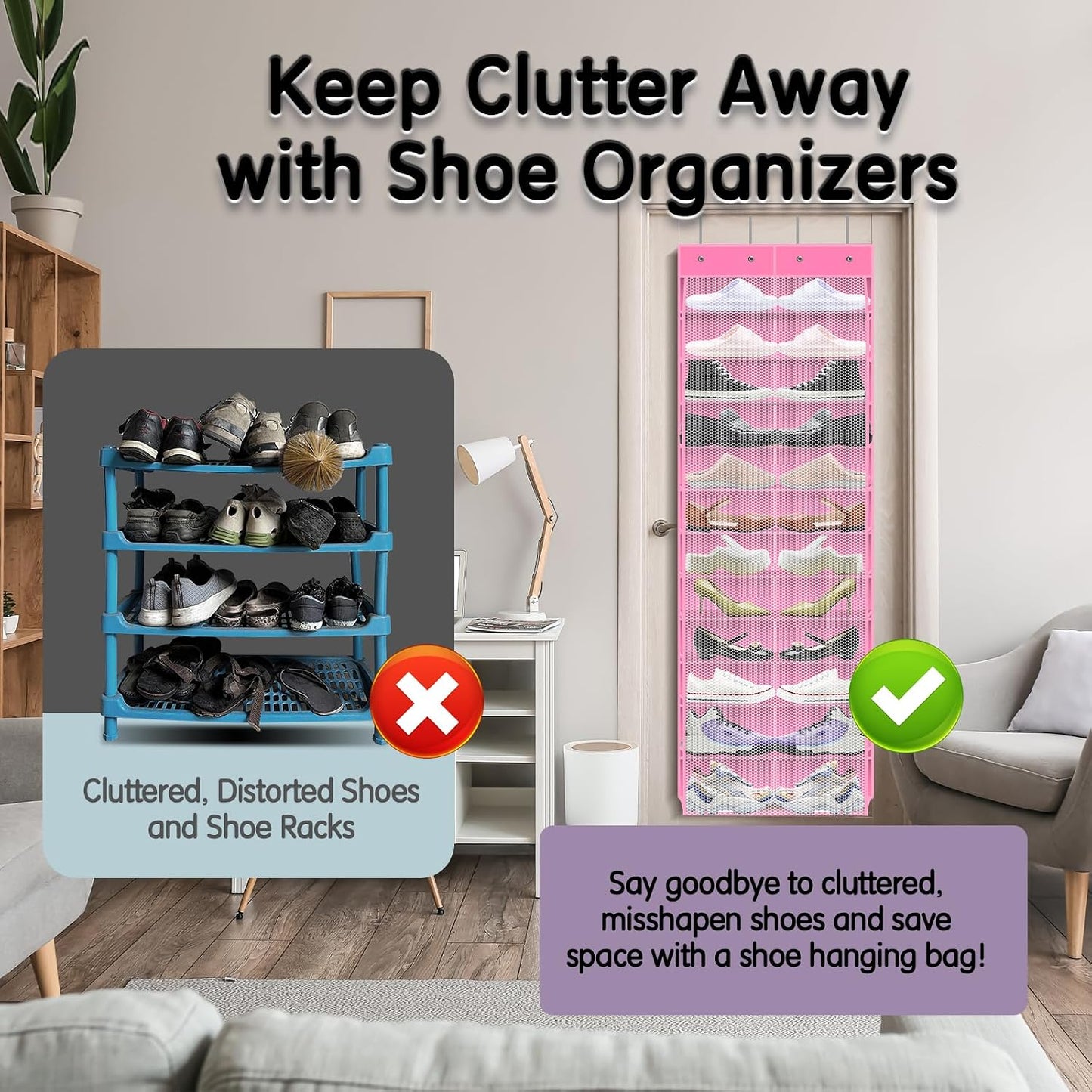 Kotkn Over The Door Shoe Organizer with 12 Large Breathable Pockets - Durable Hanging Storage for the Entire Family's Shoes (White)