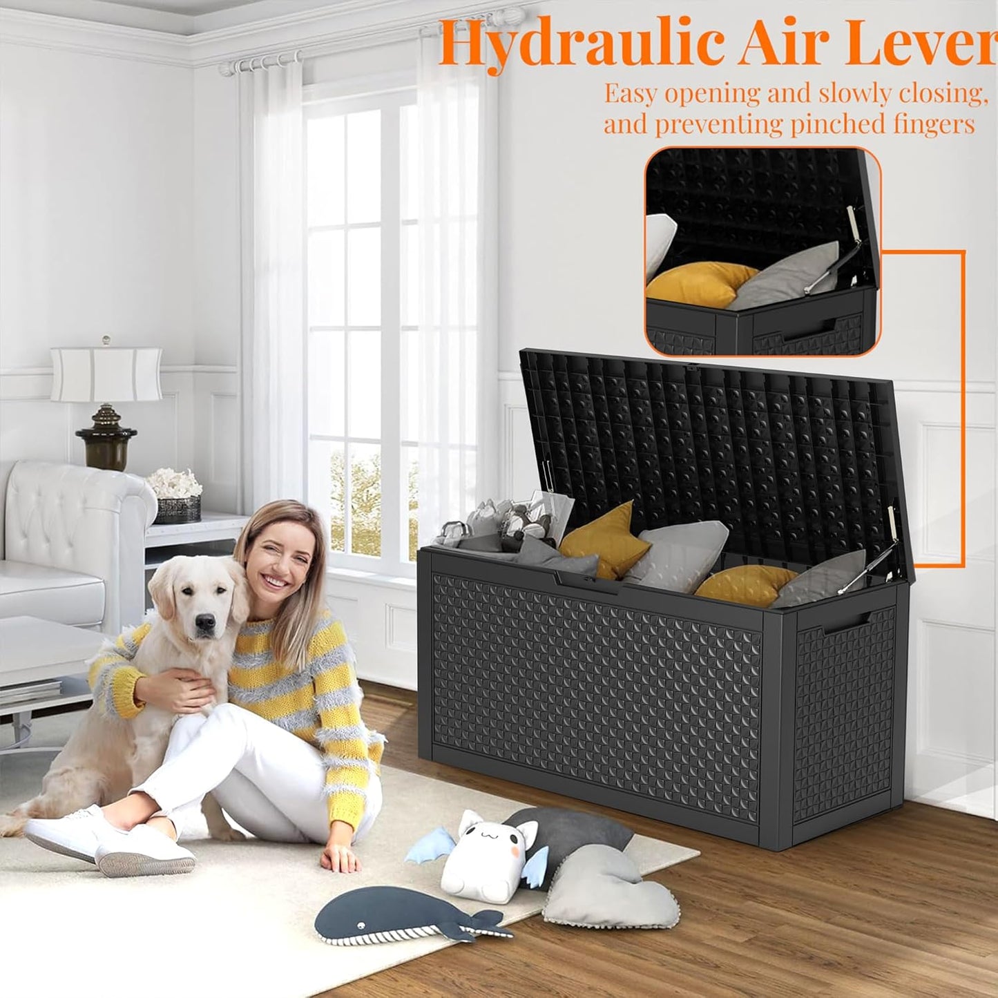 125Gal Outdoor Storage Box, Lockable Deck Box with Hydraulic Lid | Waterproof UV-resistant, Durable outdoor bin for patio cushions, pool accessories & garden tools. Keeps contents secure & dry