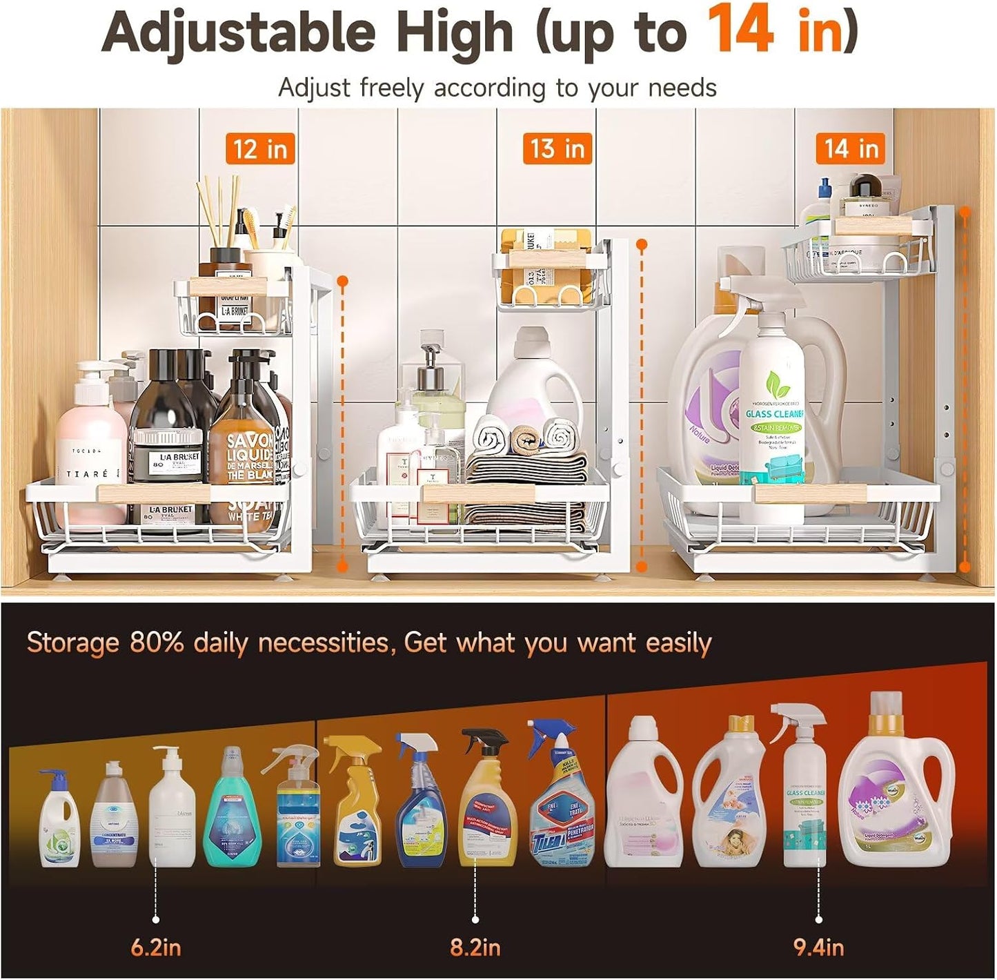 Sevenblue 2-Pack 2-Tier Height Adjustable Under Sink Organizer & Storage | Multi-purpose storage for kitchen & bathroom cabinet. Large black shelf, height adjustable design for space-saving.
