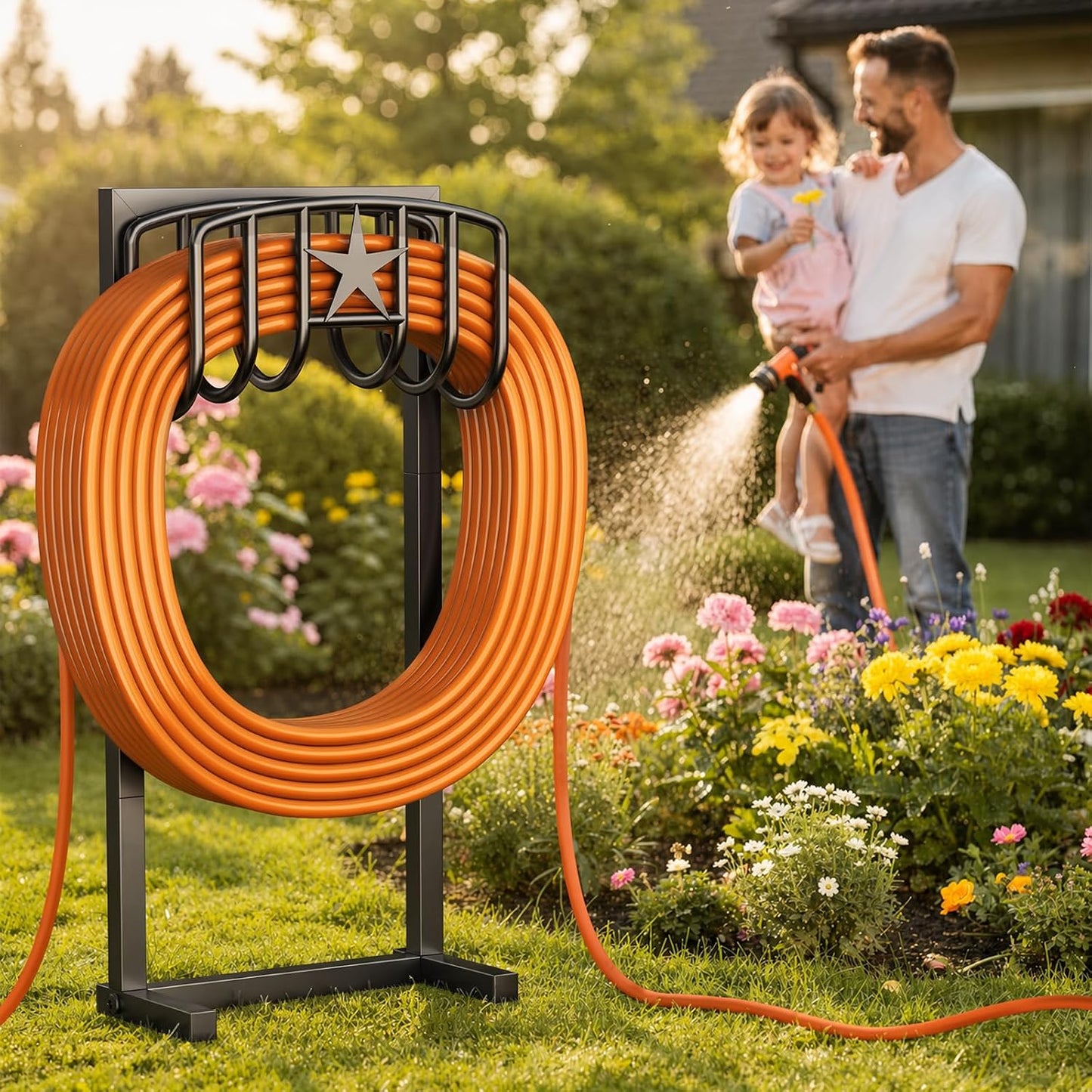 Garden Hose Holder Wall Mount, Heavy Duty Metal Water Hose Rack for Outside, Holds Up to 150FT, Storage Organizer, Easy Install, Black