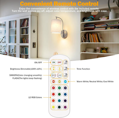 MATAMEYE Battery Operated Wall Sconce Set of 2, Black Rechargeable Wireless Wall Light Fixture with Remote, 12 RGB Colors & Timer, Indoor Dimmable Wall Lamp with Linen Shade