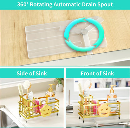 HapiRm Sponge Holder for Kitchen Sink - Self-draining Sink Caddy with Brush and Dishcloth Holders, Stainless Steel Kitchen Countertop Organizers and Storage Essentials - Black