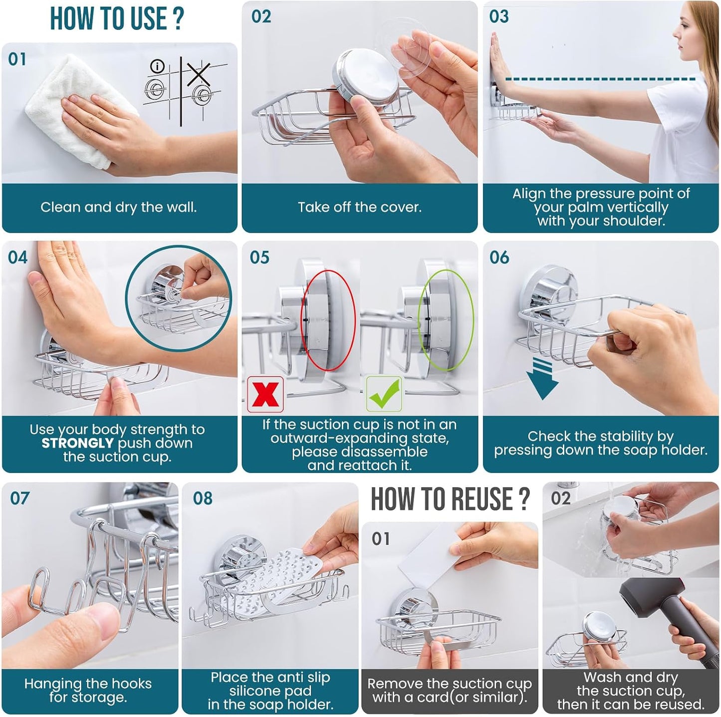 TAILI Soap Holder for Shower – Suction Cup Bar Soap Dish with Hooks, Rustproof Stainless Steel, Self-Draining Sponge Holder with Razor Holder for Bathroom & Kitchen, Black