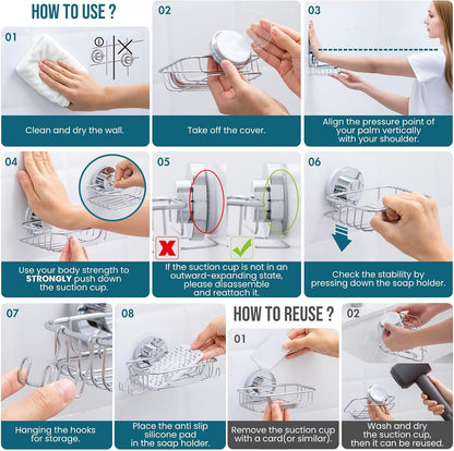 TAILI Soap Holder for Shower – Suction Cup Bar Soap Dish with Hooks, Rustproof Stainless Steel, Self-Draining Sponge Holder with Razor Holder for Bathroom & Kitchen, Black