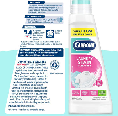 Carbona Laundry Stain Scrubber & Remover (8.4 Fl Oz), Extra-Strength Bio-Enzyme Formula, Brush-Top Applicator for Fiber-Deep Clean, Fast & Easy