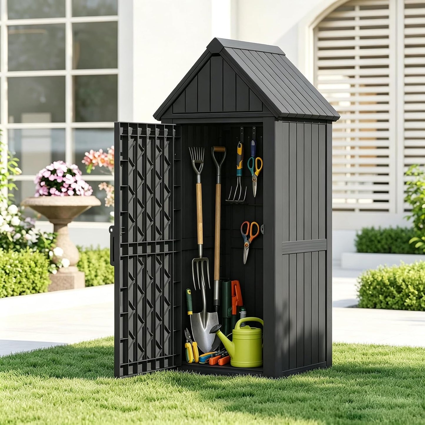 Bifanuo Deck Box Storage Shed Outdoor Storage Cabinet, Vertical Waterproof Resin Material Plastic Shed with Removable Shelves, 12 Hooks and Lock Ring for Garden, Pool and Patio (Classic Black)