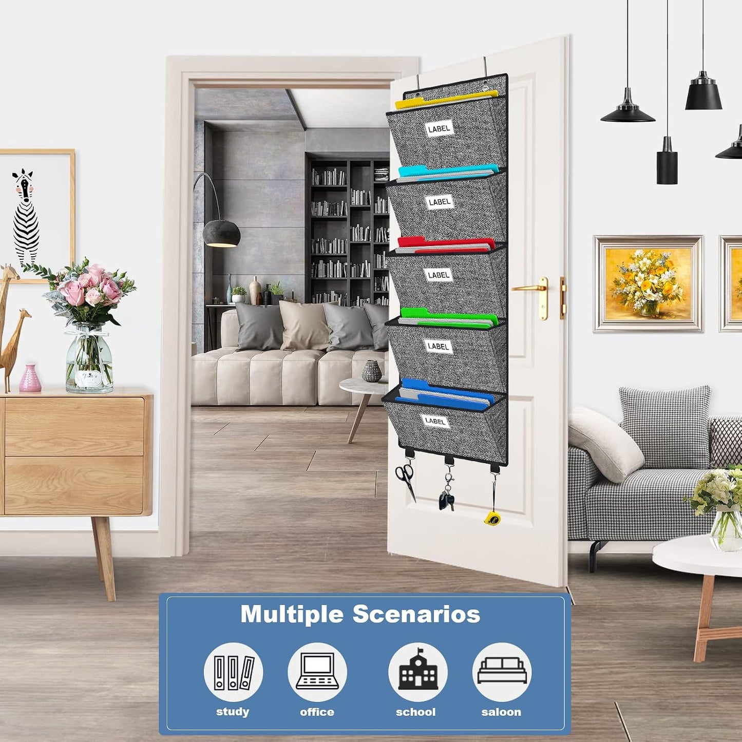 homyfort Over the Door File Organizer, Wall Hanging File Folders with 5 Large Pocket for Mails, Magazines, Back to School Supplies,Office Chart Storage, Paper Organization (Grey)