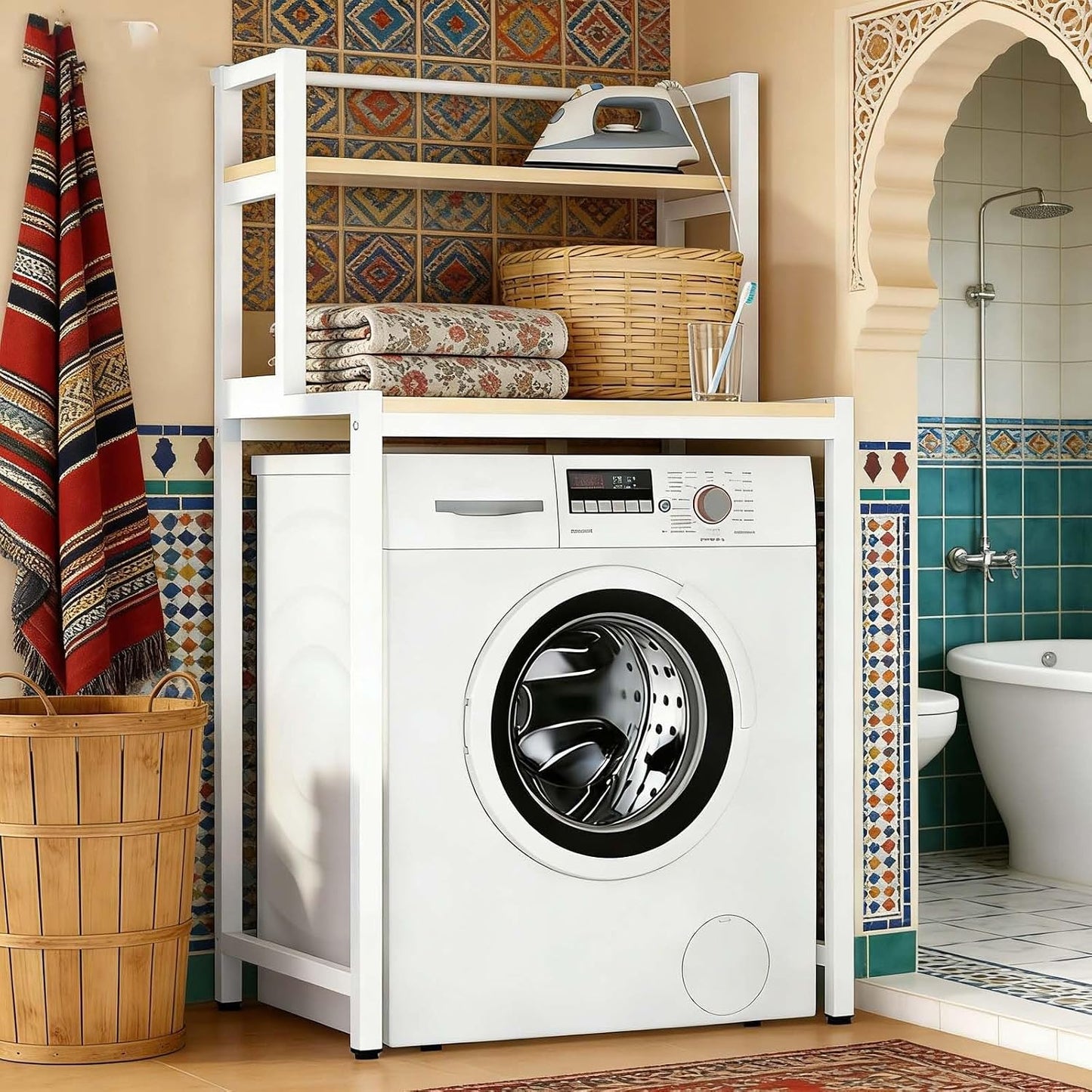 Modern Style Over Washer Storage Shelf, White Metal and Wood Organizer for Neat Home Laundry Room(Black,3-T)
