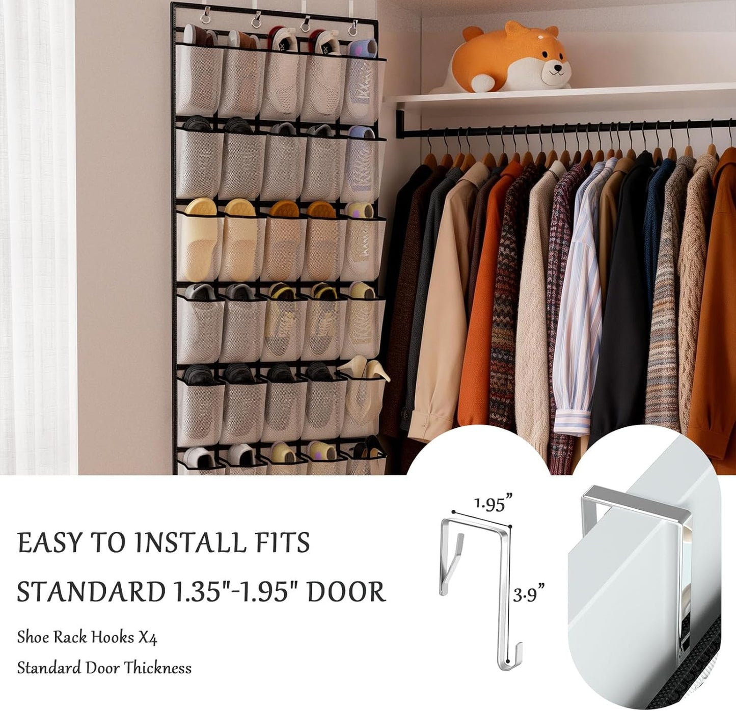 homyfort Over the Door Shoe Organizer, Hanging Shoe Rack Storage Holder with 24 Large Pockets for Closet Door, Men Women Kids Shoes, Cruise (Black)
