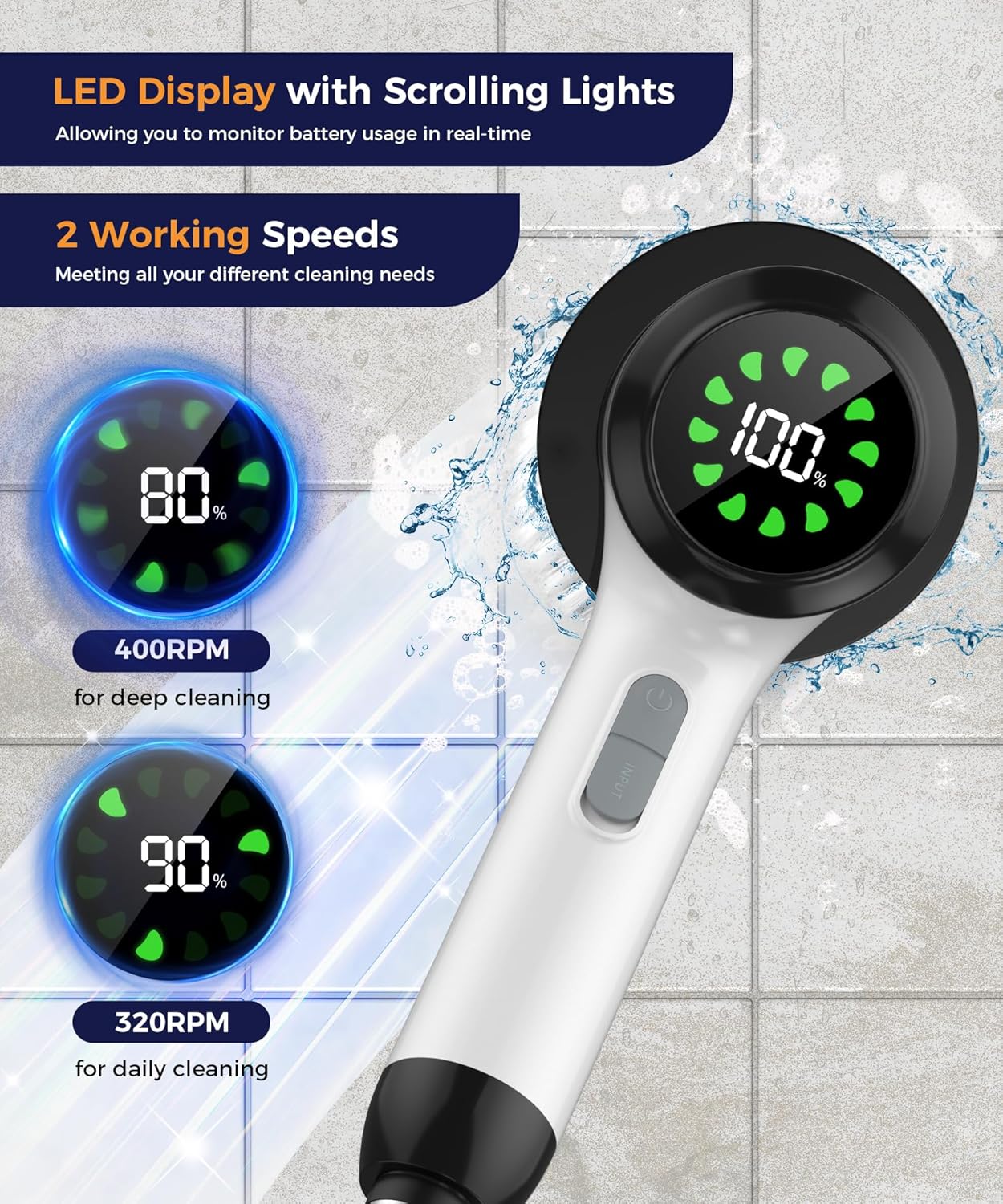 Electric Spin Scrubber, Cordless Floor Scrubber Machine with Interchangeable Cleaning Pads, IPX7 Waterproof 2-Speed Cleaning Pads for Bathroom, Kitchen, Tile, Tub and Floor Cleaning, White-qb2
