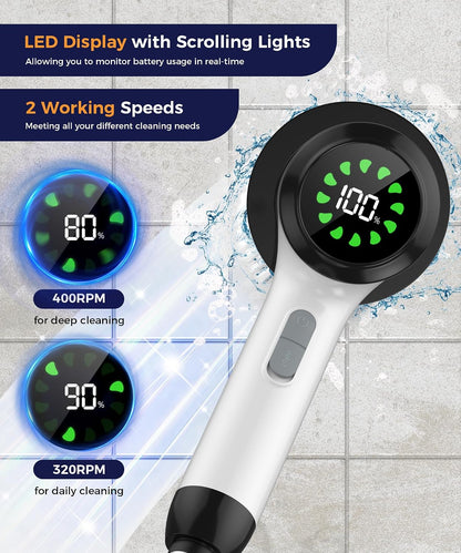 6-in-1 Cordless Electric Spin Scrubber with Long Handle | Power scrubber, bathroom scrubber, 47.2 in long handle, 2 speed scrub brush, IPX7 rated body, kitchen, tile, tub, floor
