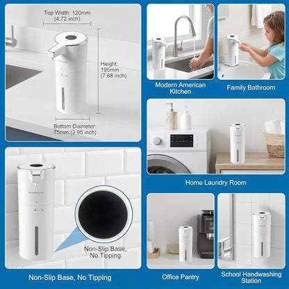 Automatic Foaming Soap Dispenser Touchless Upgrade Pump Uneasy Plugging Wall Mounted USB Rechargeable, 4-Level Adjustable 13.52oz Modern Electric Hand Soap Dispenser Kitchen Bathroom Kids Family White