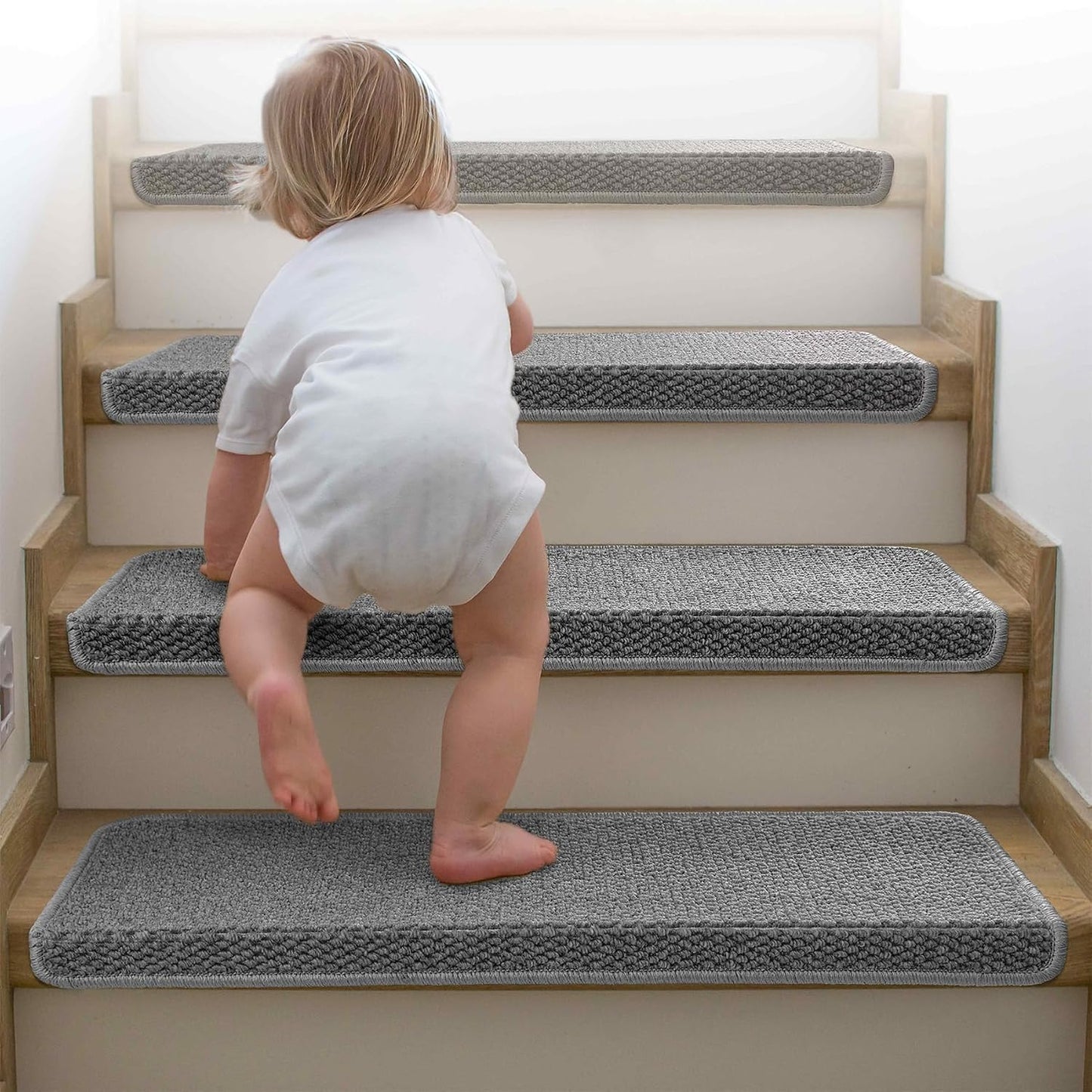 Brakki Bullnose Carpet Stair Treads, Non Slip Stair Treads for Wooden Steps Indoor, Stair Runner, Soft Stair Rugs, Edging Stair Protectors, Washable, 29.5"x9.5"x1.5" 14pcs, Beige
