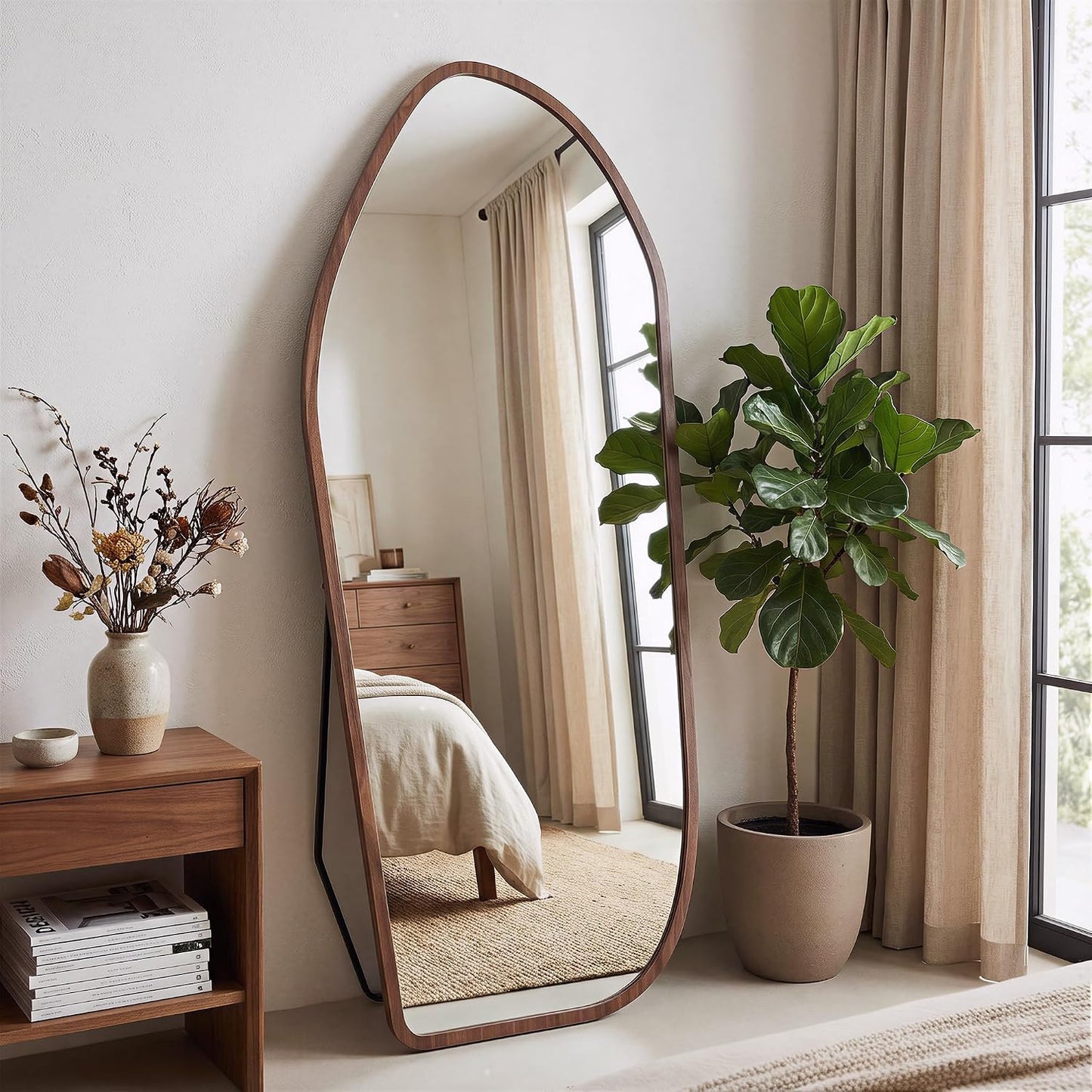Suidia Full Length Mirror, Oversized Floor Mirror with Solid Wood Frame, Large Standing Mirror for Bedroom Living Room, Wood Art Style, Dark Walnut, 74" L x 32" W