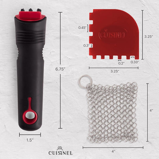 Cuisinel Cast Iron Scrubber Cleaning Brush + Pan/Grill Scraper - Skillet and Grill Cleaner Kit - Soft-Touch Confident-Grip Dish Scrub Tool - Tough on Grease, Gentle on Metal and Non-Stick Cookware
