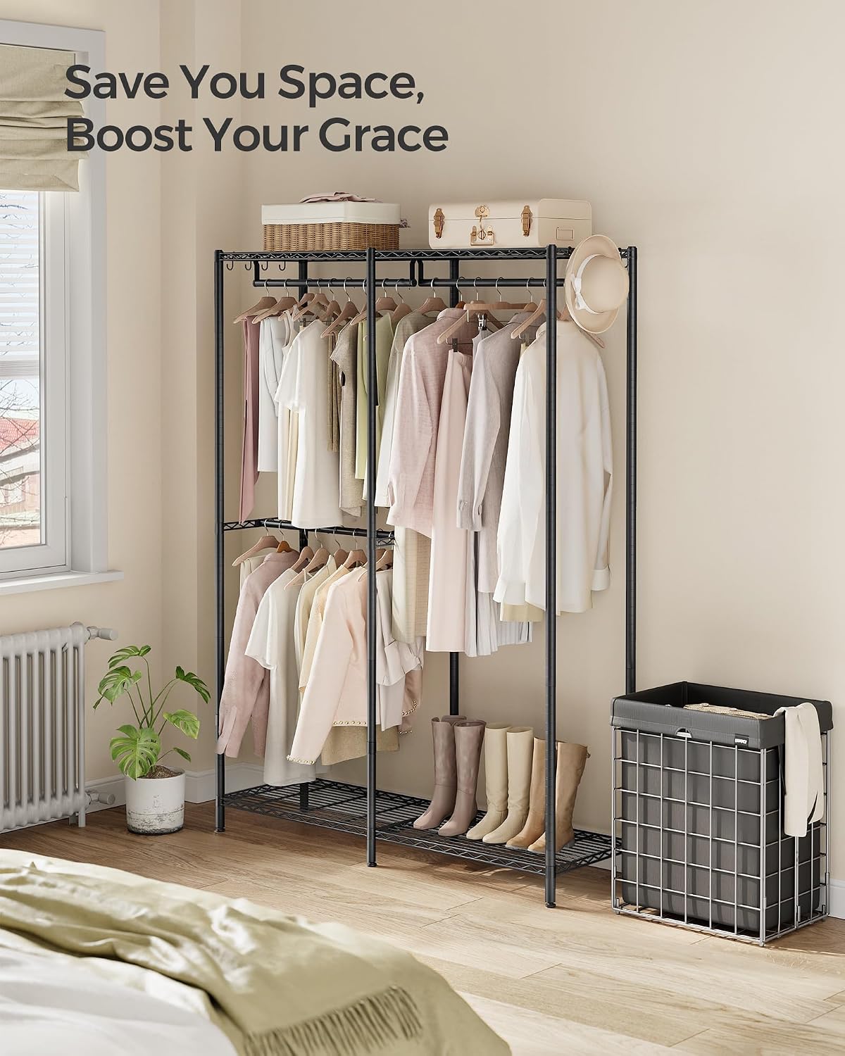 SONGMICS Heavy-Duty Clothes Rack, Garment Rack, Portable Closet, 68.7-Inch Wide Clothing Rack with Adjustable Mesh Shelves and Hanging Rails, Ink Black ULGR433B01