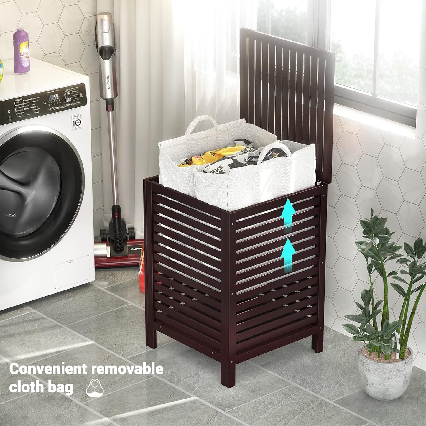 Homykic Bamboo Laundry Hamper with Lid, 120L Large Clothes Laundry Sorter with Removable 2-Section Liner Bag, Raised Laundry Basket Organizer for Clothing, Bathroom, Bedroom, Laundry Room, Natural