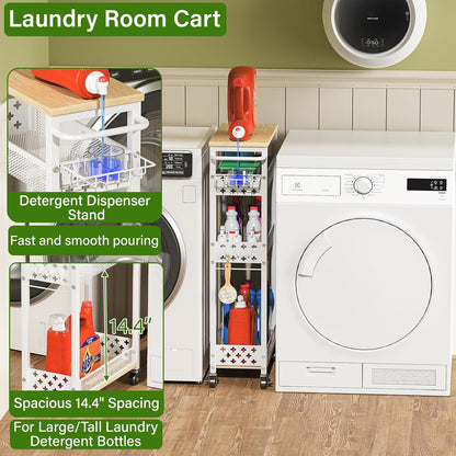 Utility Slim Storage Cart for Home Laundry Room, Bathroom, Kitchen | 4-Tier narrow rolling cart for small space, Holds tall bottles, Upgraded metal hub casters, Premium wood & metal mesh shelves