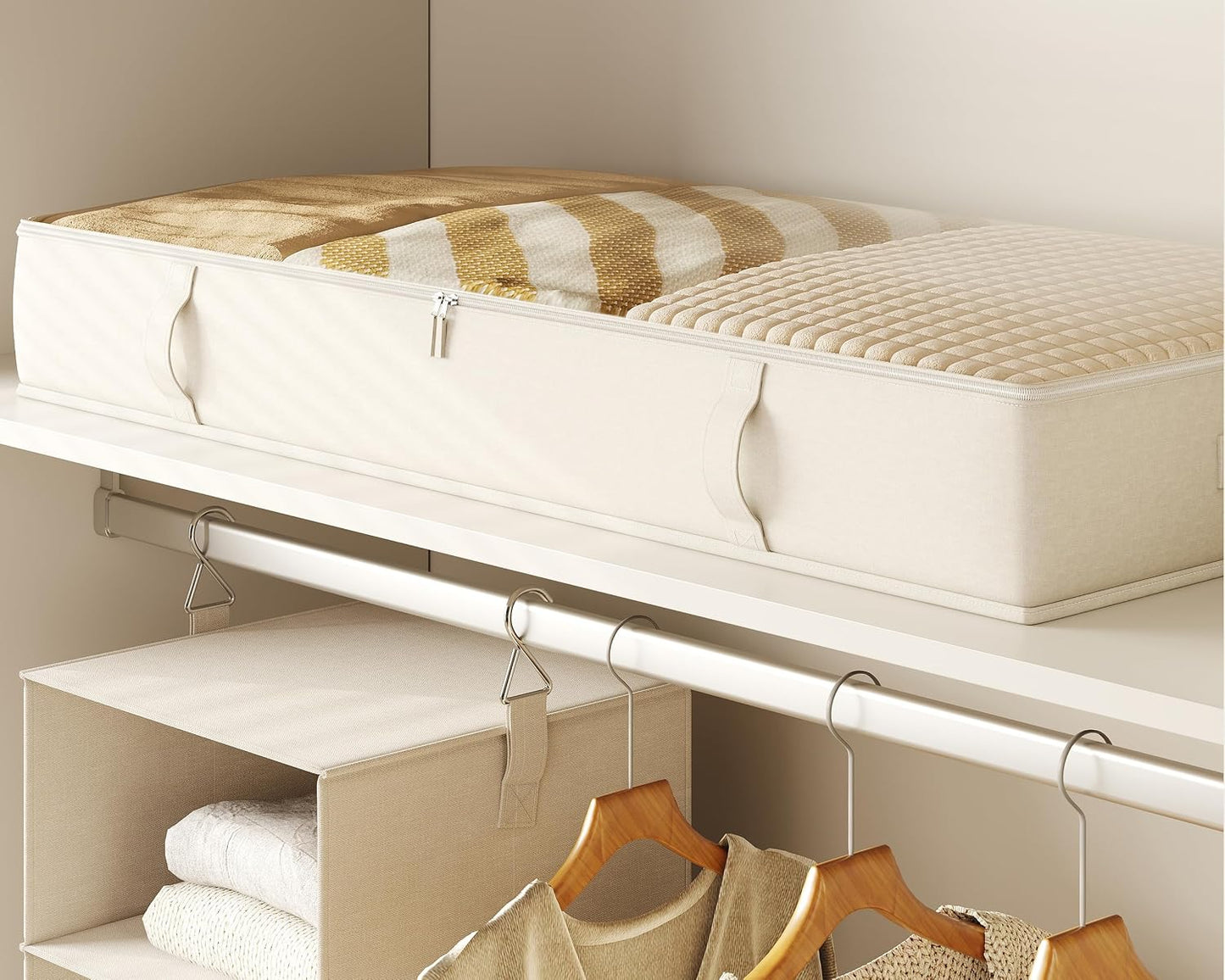 Vailando Side-Supported Under Bed Storage Containers, 6 Inches Tall 60L Underbed Storage Bins with Sturdy Handles and Sidewalls, Closet Organizer for Clothes, Blankets, Seasonal Items, Beige, 2-Pack