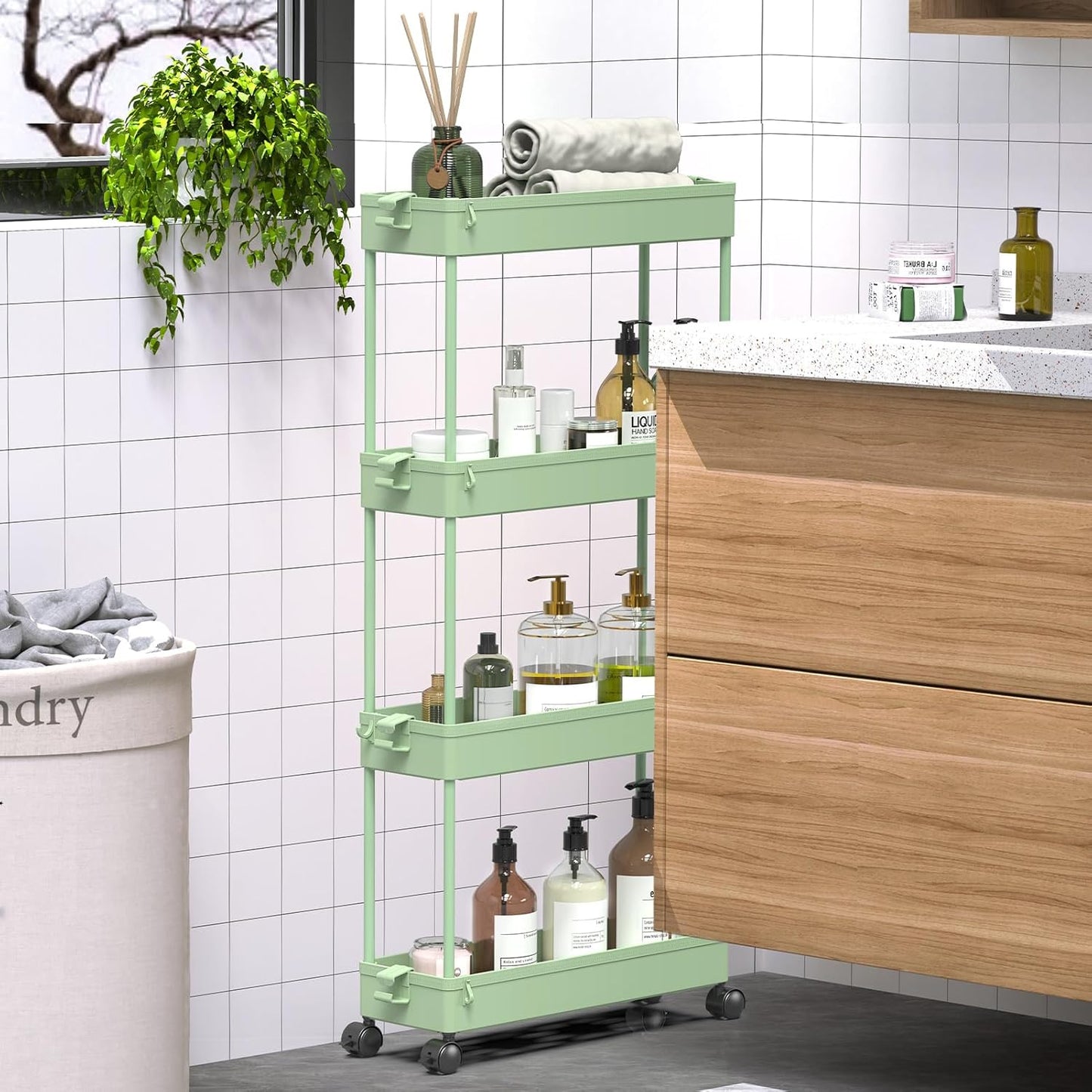 SPACEKEEPER Slim Rolling Storage Cart 4 Tier Bathroom Organizer Cart Mobile Shelving Unit Slide Out Utility Cart for Kitchen, Bthroom, Makeup, Craft, Laundry Narrow Places, Black