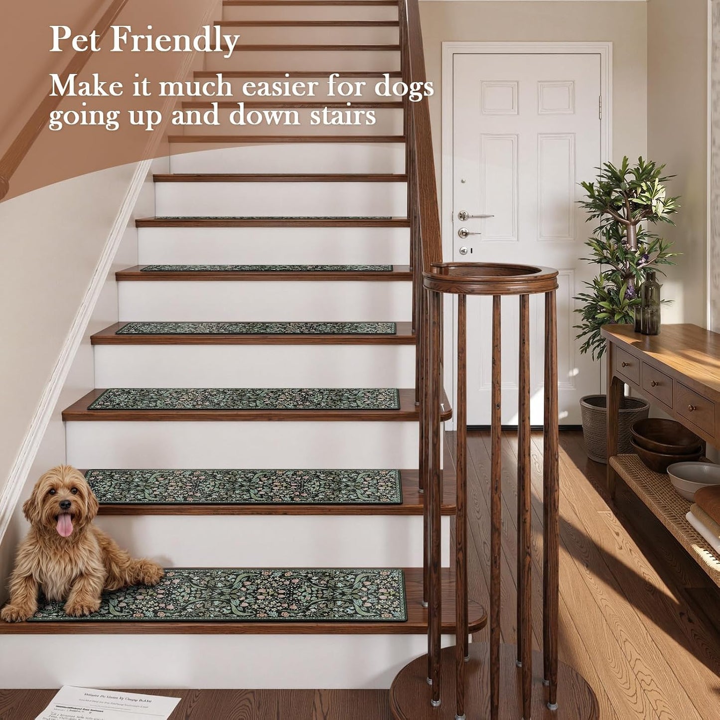 OJIA Floral Stair Treads Non-Slip Stair Runner for Wooden Steps Indoor 15PCS 30"x8" Carpet Stair Treads Stair Mats Staircase Step Treads for Kids, Elders and Dogs, Stair Covers, Black