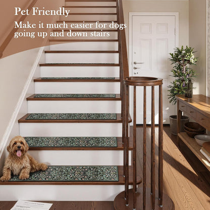 OJIA Floral Stair Treads Non-Slip Stair Runner for Wooden Steps Indoor 15PCS 30"x8" Carpet Stair Treads Stair Mats Staircase Step Treads for Kids, Elders and Dogs, Stair Covers, Black