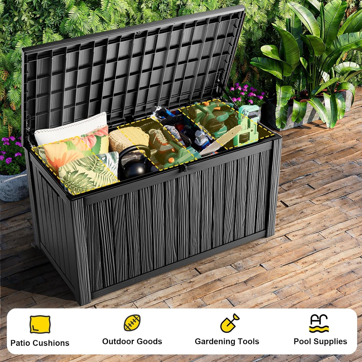 DRATO 35 Gallon Outdoor Storage Box Waterproof, Resin Small Deck Box for Patio Furniture Bench, Pool Garden Tools, Weatherproof Outside Storage Bin for Backyard Porch (Black, 35 Gallon)