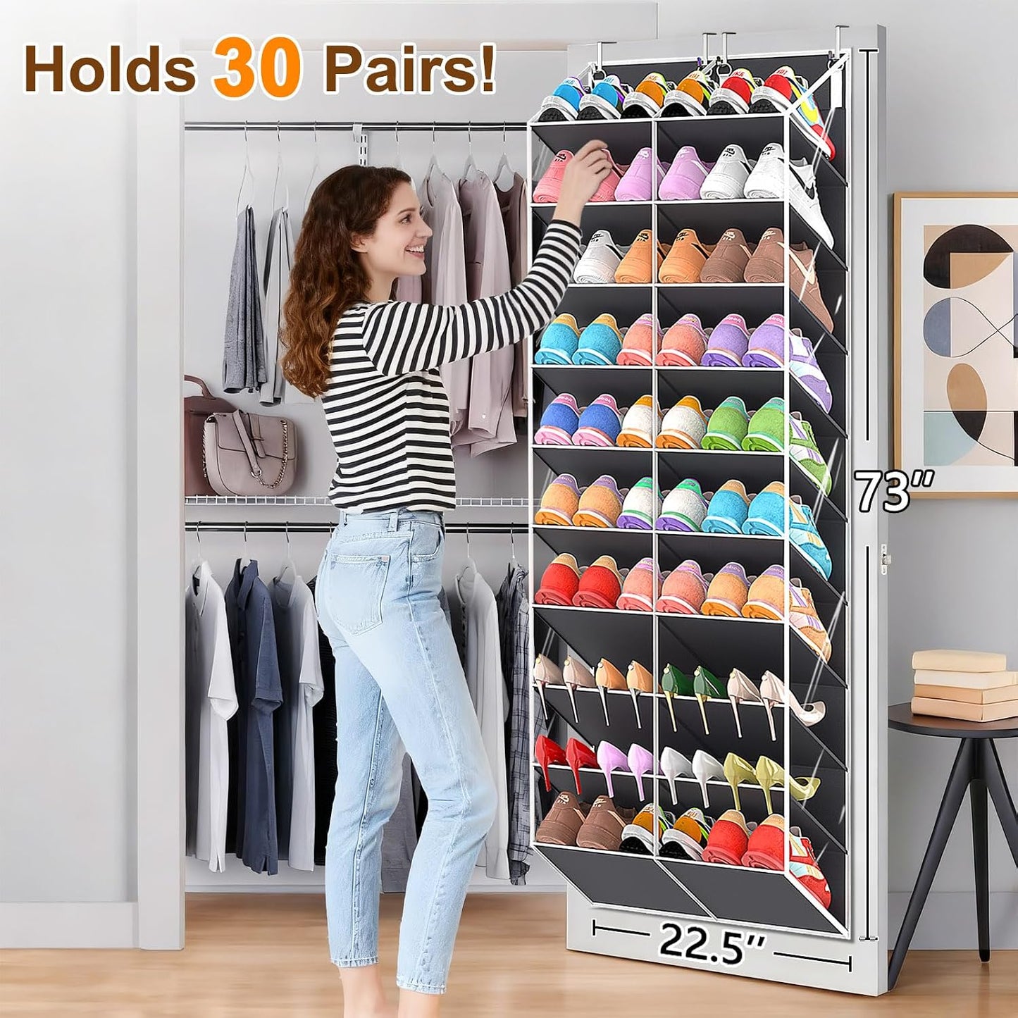 UVIAHOMI 20-30 Pairs Over the Door Shoe Organizer, Clear Pockets Hanging Shoe Storage for Closet, 10-Tier Door Shoes Rack, Handing Shoes Holder Fit All the Family's Sneakers, Boots, Heels, White